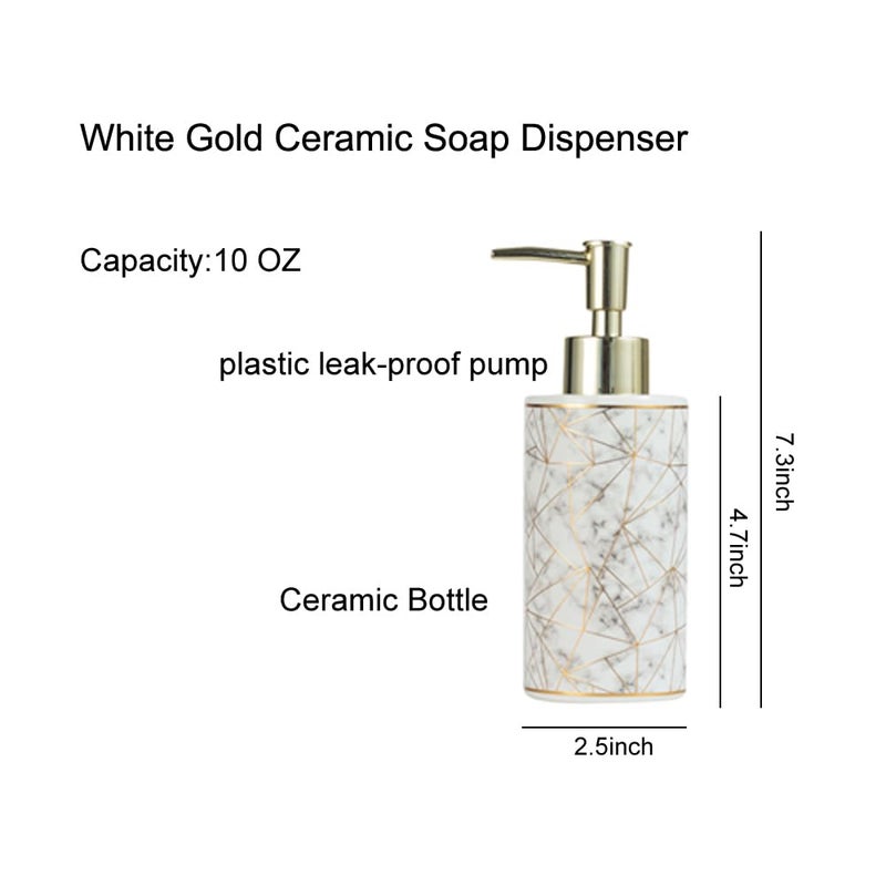 AORTULL Ceramic Soap Dispenser with Rust Proof Pump,10OZ Refill Hand Liquid Soap Pump Dispenser for Bathroom Kitchen(White and Gold) - Image 2